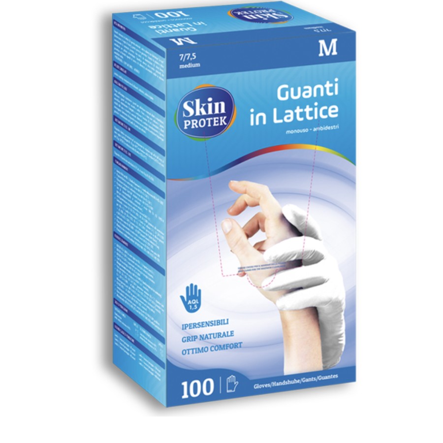 GUANTO NON CHIRURGICO MONOUSO IN LATTICE CON AMIDO DI MAIS SKIN PROTEK AMBIDESTRO POLSINO SALVASTRAPPO MISURA MEDIUM